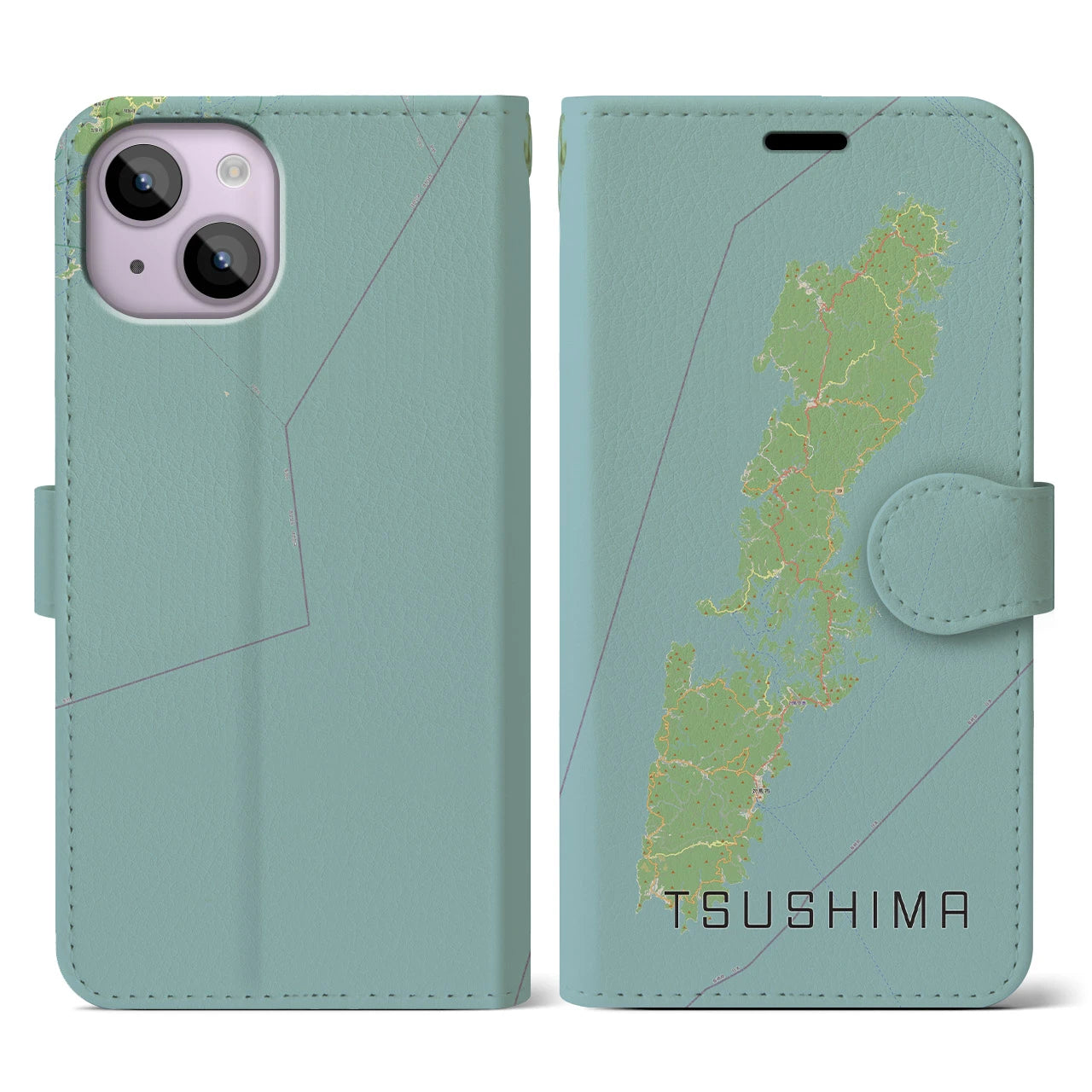 【対馬(長崎県)】地図柄iPhoneケース(手帳タイプ)ナチュラル・iPhone 14 用