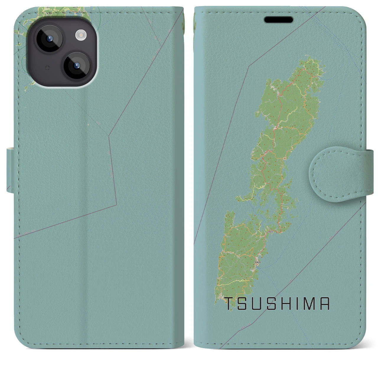 【対馬(長崎県)】地図柄iPhoneケース(手帳タイプ)ナチュラル・iPhone 14 Plus 用