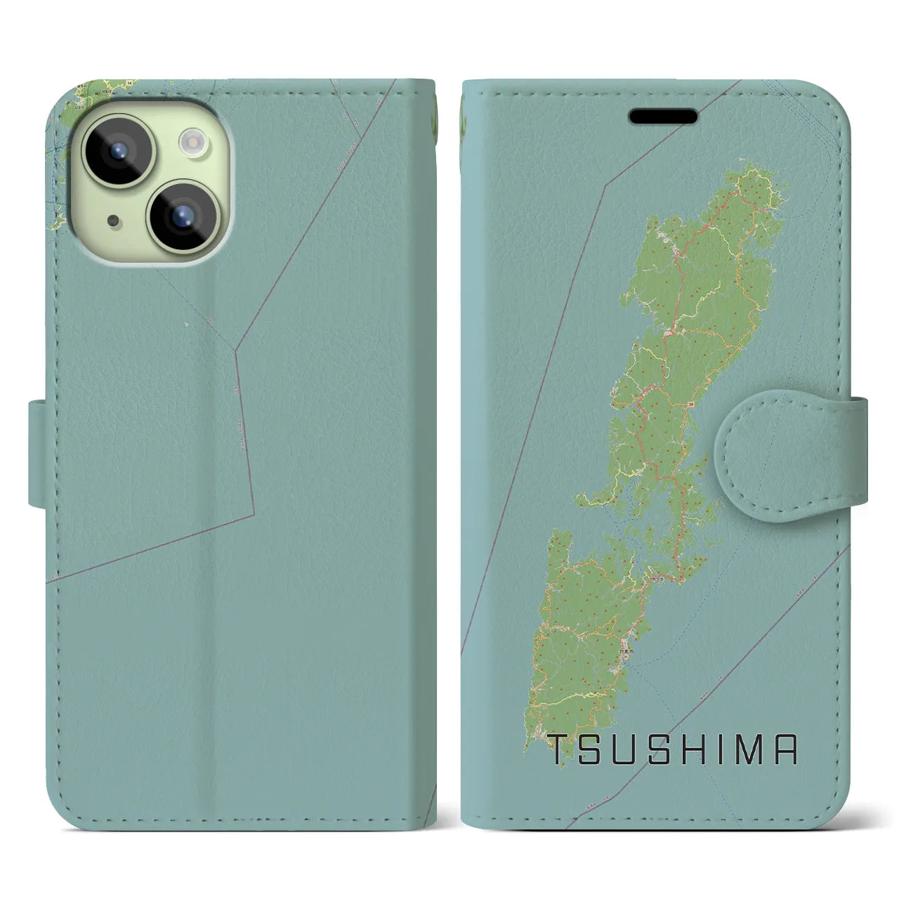 【対馬(長崎県)】地図柄iPhoneケース(手帳タイプ)ナチュラル・iPhone 15 用
