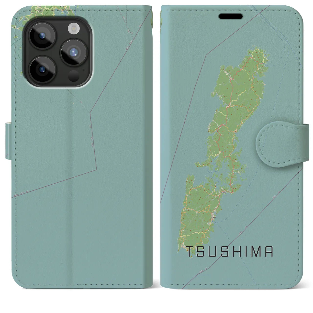 【対馬(長崎県)】地図柄iPhoneケース(手帳タイプ)ナチュラル・iPhone 15 Pro Max 用