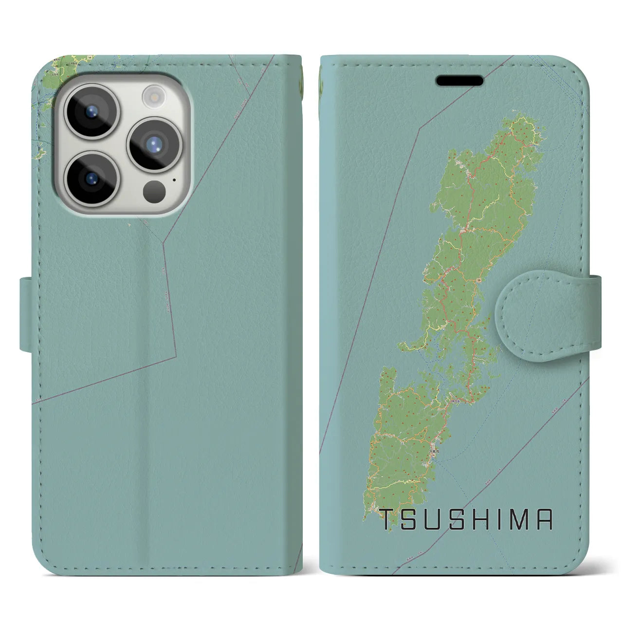 【対馬(長崎県)】地図柄iPhoneケース(手帳タイプ)ナチュラル・iPhone 15 Pro 用
