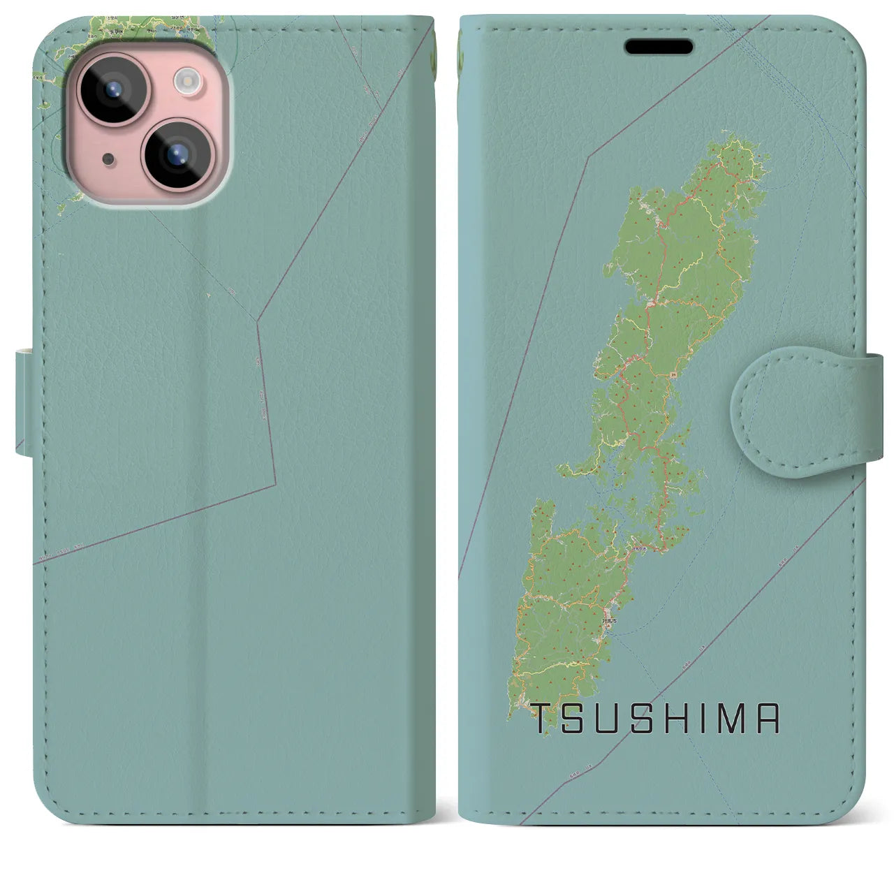 【対馬(長崎県)】地図柄iPhoneケース(手帳タイプ)ナチュラル・iPhone 15 Plus 用