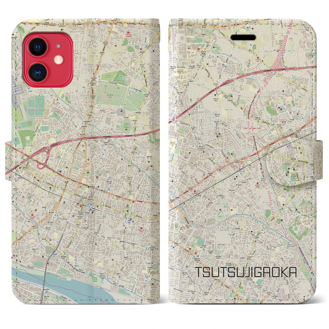 【つつじヶ丘(東京都)】地図柄iPhoneケース(手帳タイプ)ナチュラル・iPhone 11 用