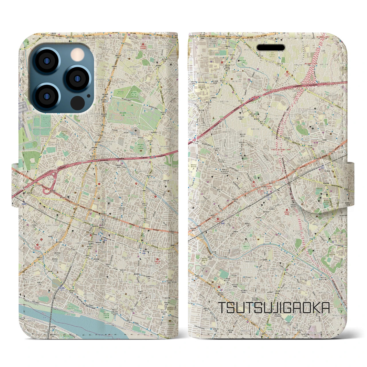 【つつじヶ丘(東京都)】地図柄iPhoneケース(手帳タイプ)ナチュラル・iPhone 12 / 12 Pro 用
