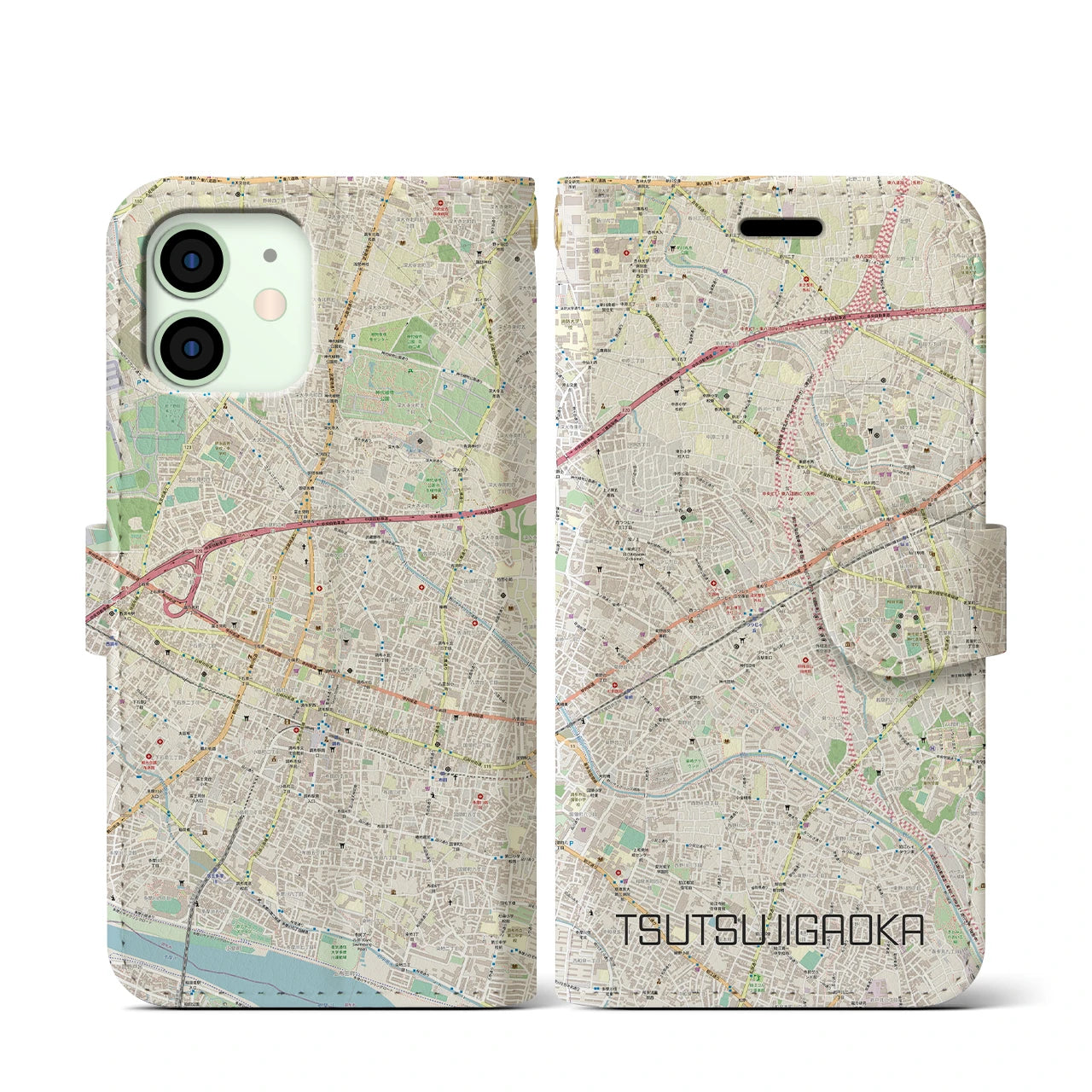 【つつじヶ丘(東京都)】地図柄iPhoneケース(手帳タイプ)ナチュラル・iPhone 12 mini 用