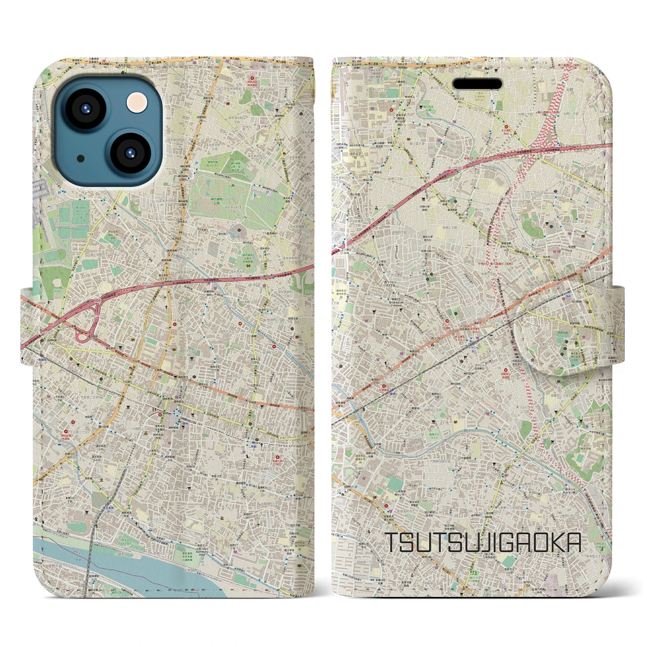 【つつじヶ丘(東京都)】地図柄iPhoneケース(手帳タイプ)ナチュラル・iPhone 13 用