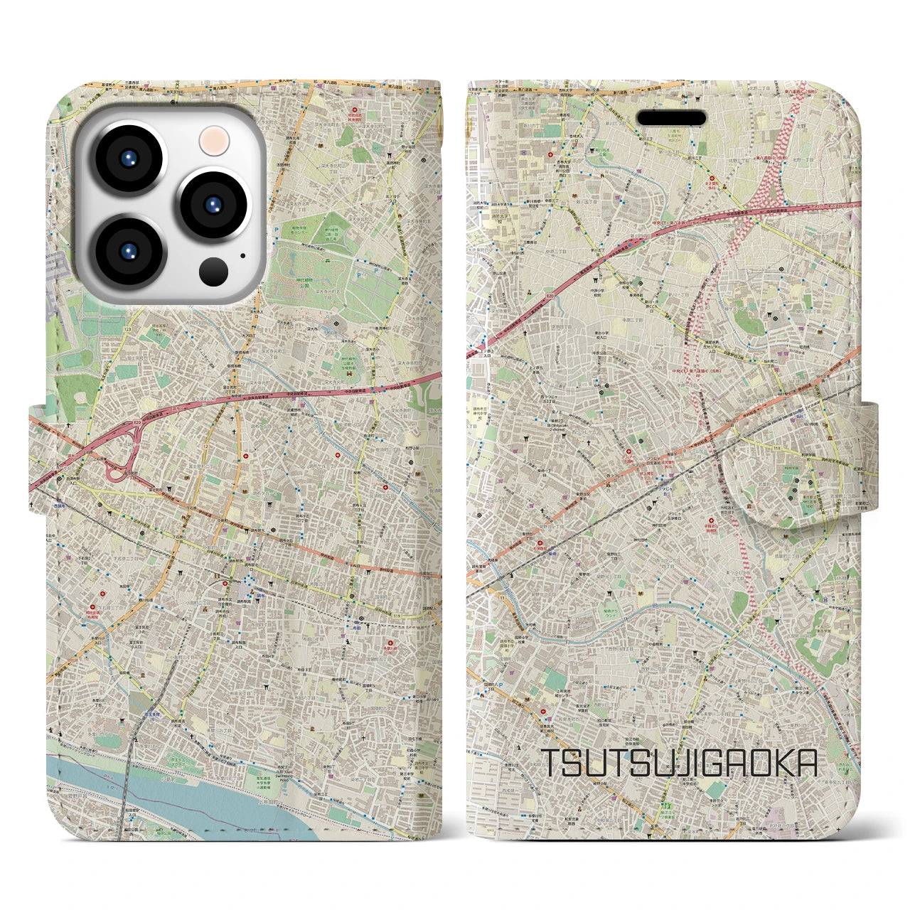 【つつじヶ丘(東京都)】地図柄iPhoneケース(手帳タイプ)ナチュラル・iPhone 13 Pro 用
