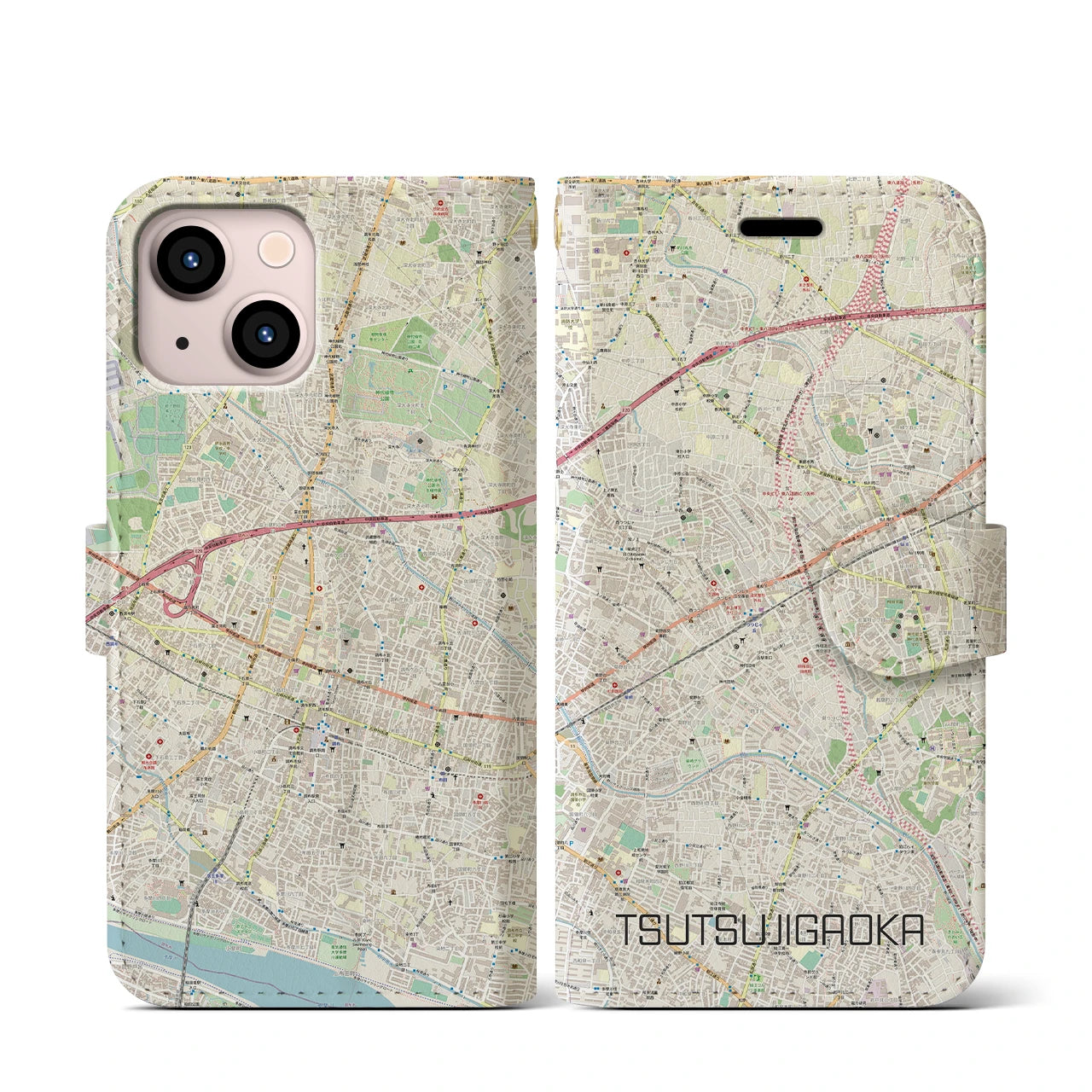 【つつじヶ丘(東京都)】地図柄iPhoneケース(手帳タイプ)ナチュラル・iPhone 13 mini 用