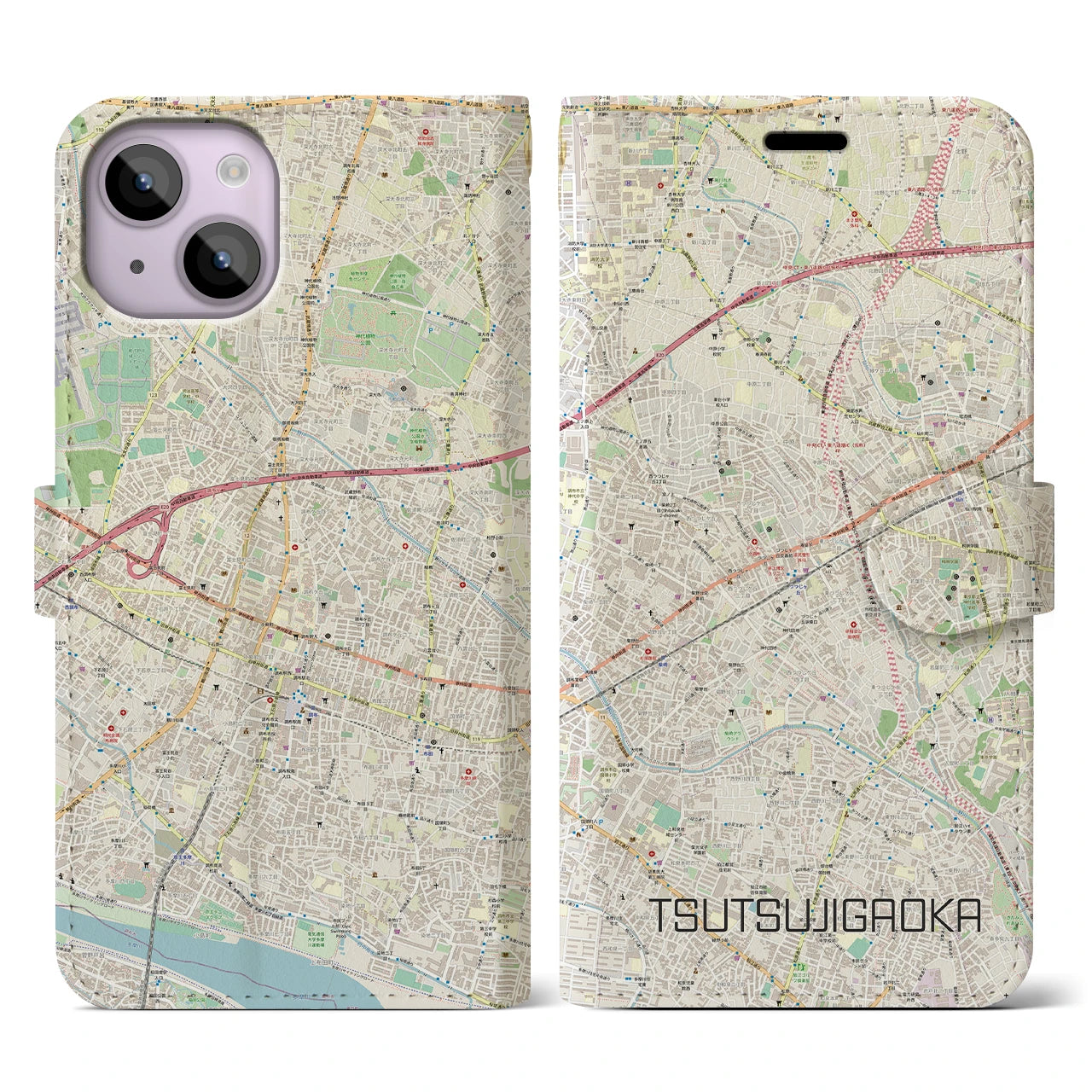 【つつじヶ丘(東京都)】地図柄iPhoneケース(手帳タイプ)ナチュラル・iPhone 14 用