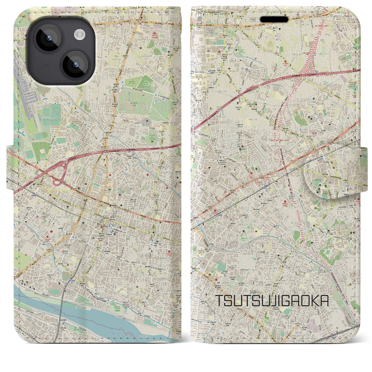 【つつじヶ丘(東京都)】地図柄iPhoneケース(手帳タイプ)ナチュラル・iPhone 14 Plus 用
