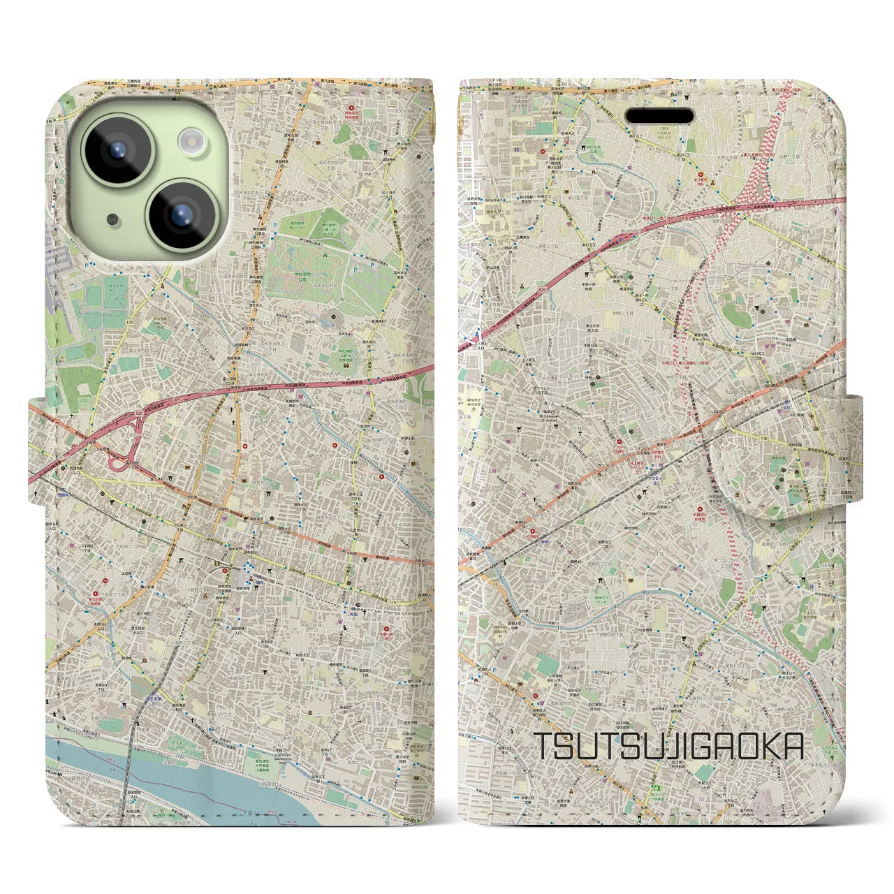 【つつじヶ丘(東京都)】地図柄iPhoneケース(手帳タイプ)ナチュラル・iPhone 15 用