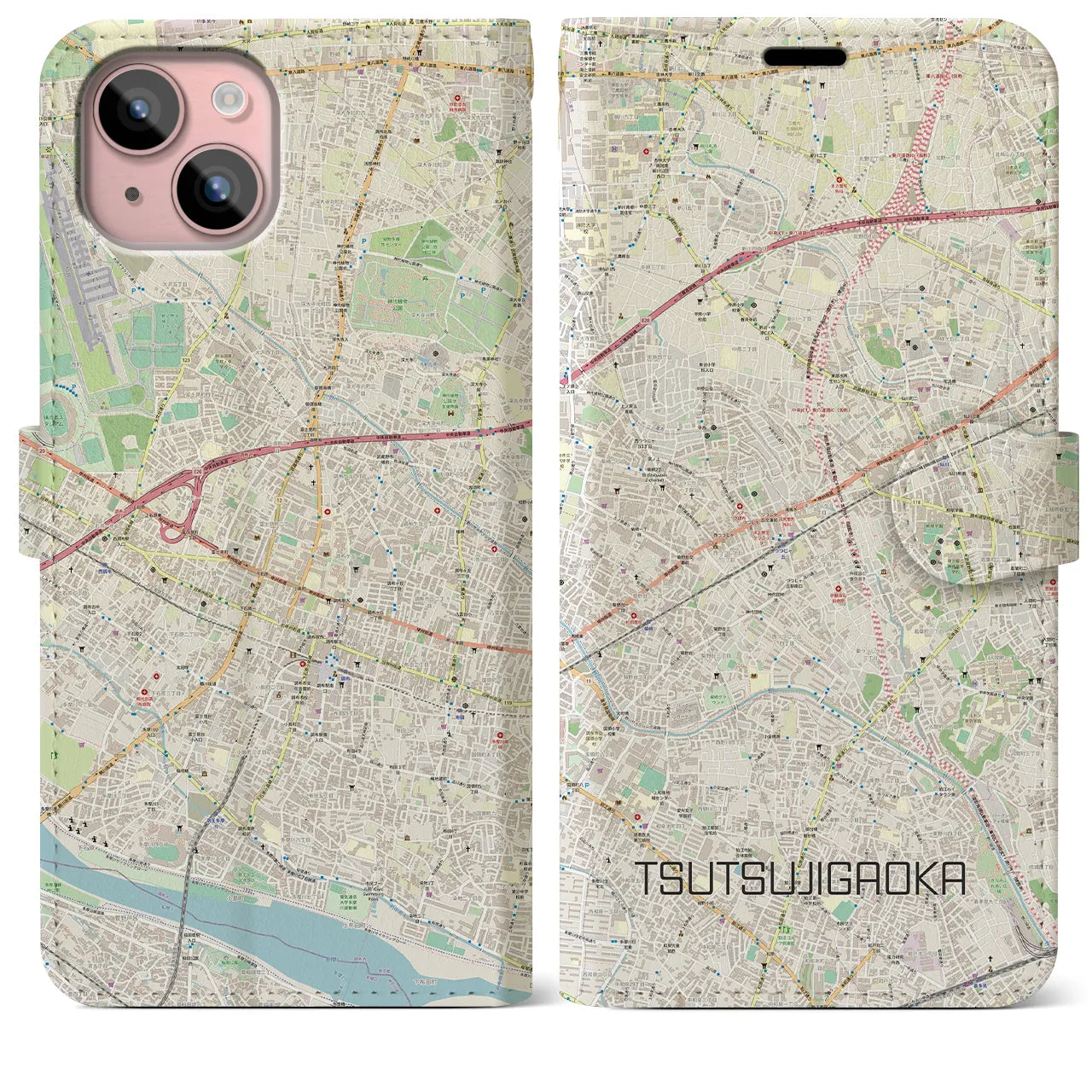 【つつじヶ丘(東京都)】地図柄iPhoneケース(手帳タイプ)ナチュラル・iPhone 15 Plus 用