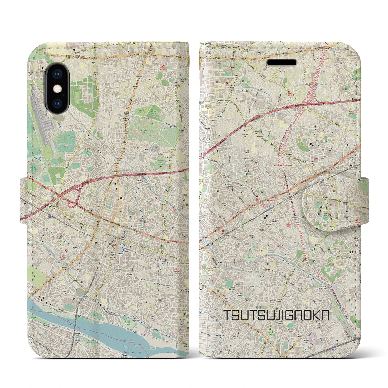 【つつじヶ丘(東京都)】地図柄iPhoneケース(手帳タイプ)ナチュラル・iPhone XS / X 用