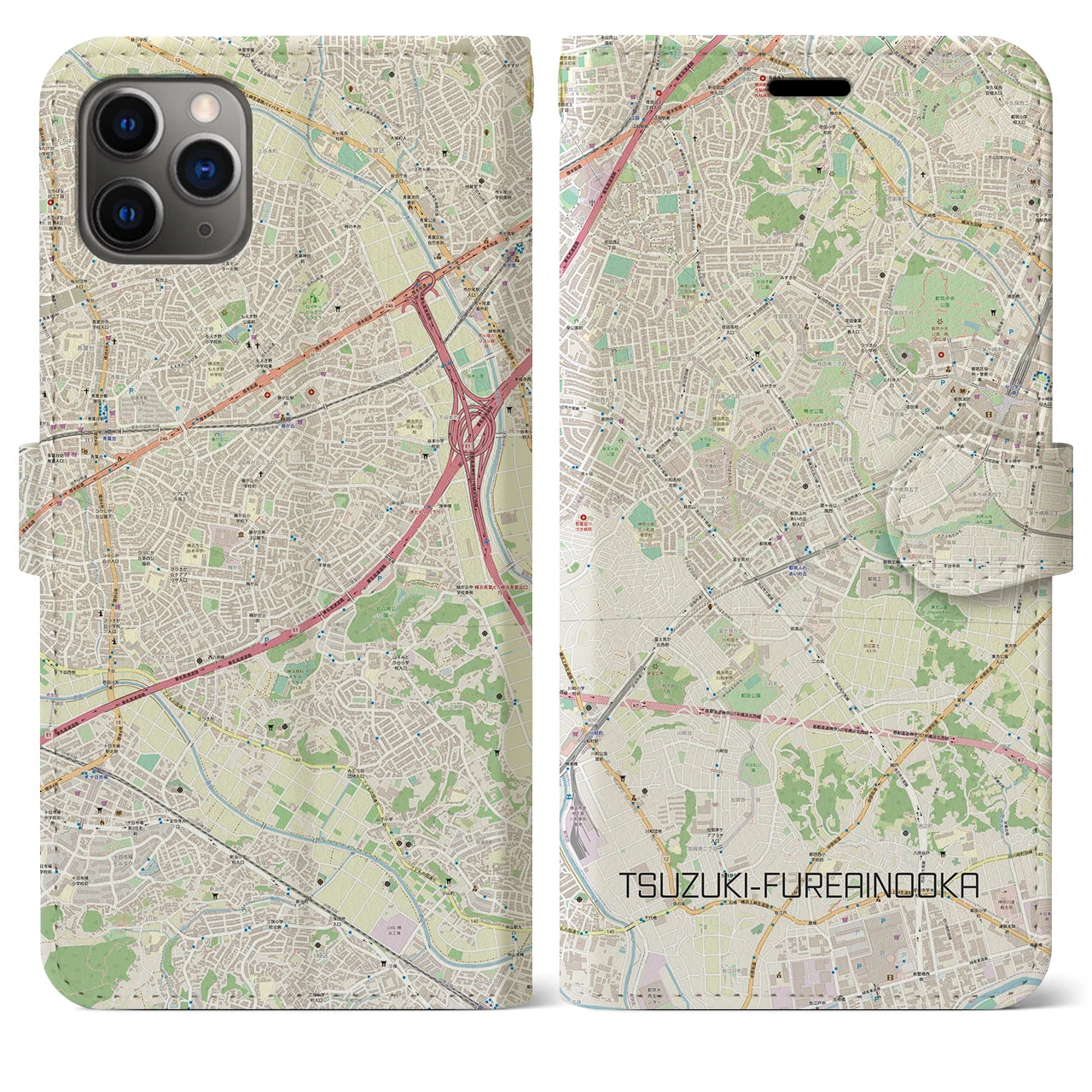 【都筑ふれあいの丘(神奈川県)】地図柄iPhoneケース(手帳タイプ)ナチュラル・iPhone 11 Pro Max 用