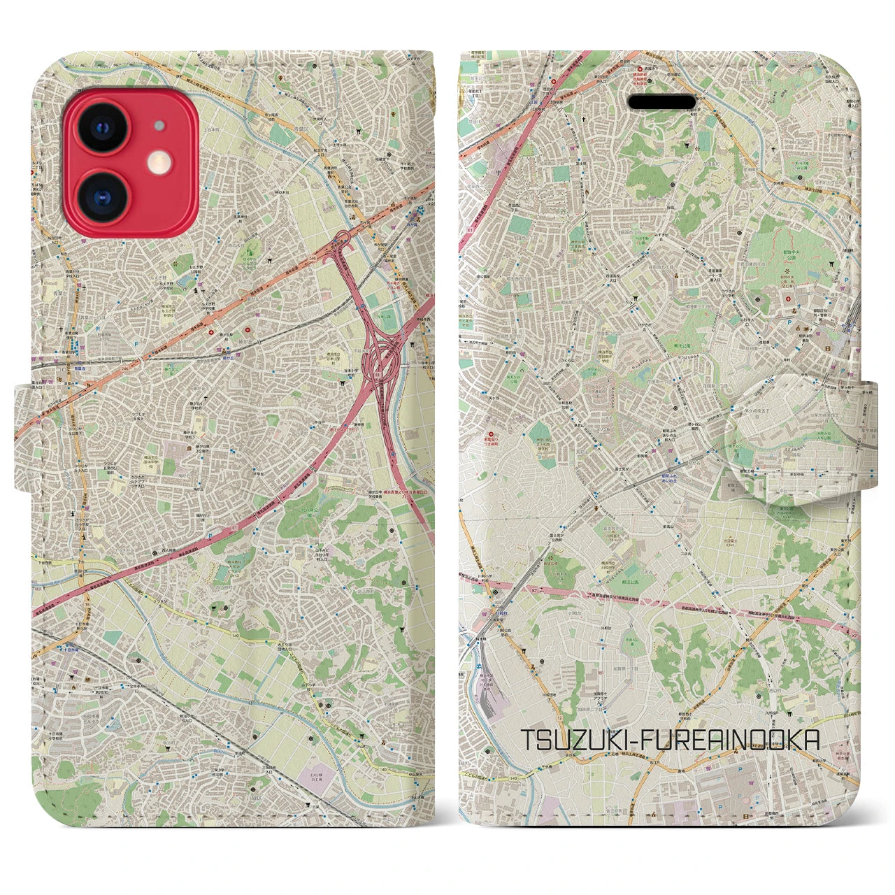 【都筑ふれあいの丘(神奈川県)】地図柄iPhoneケース(手帳タイプ)ナチュラル・iPhone 11 用