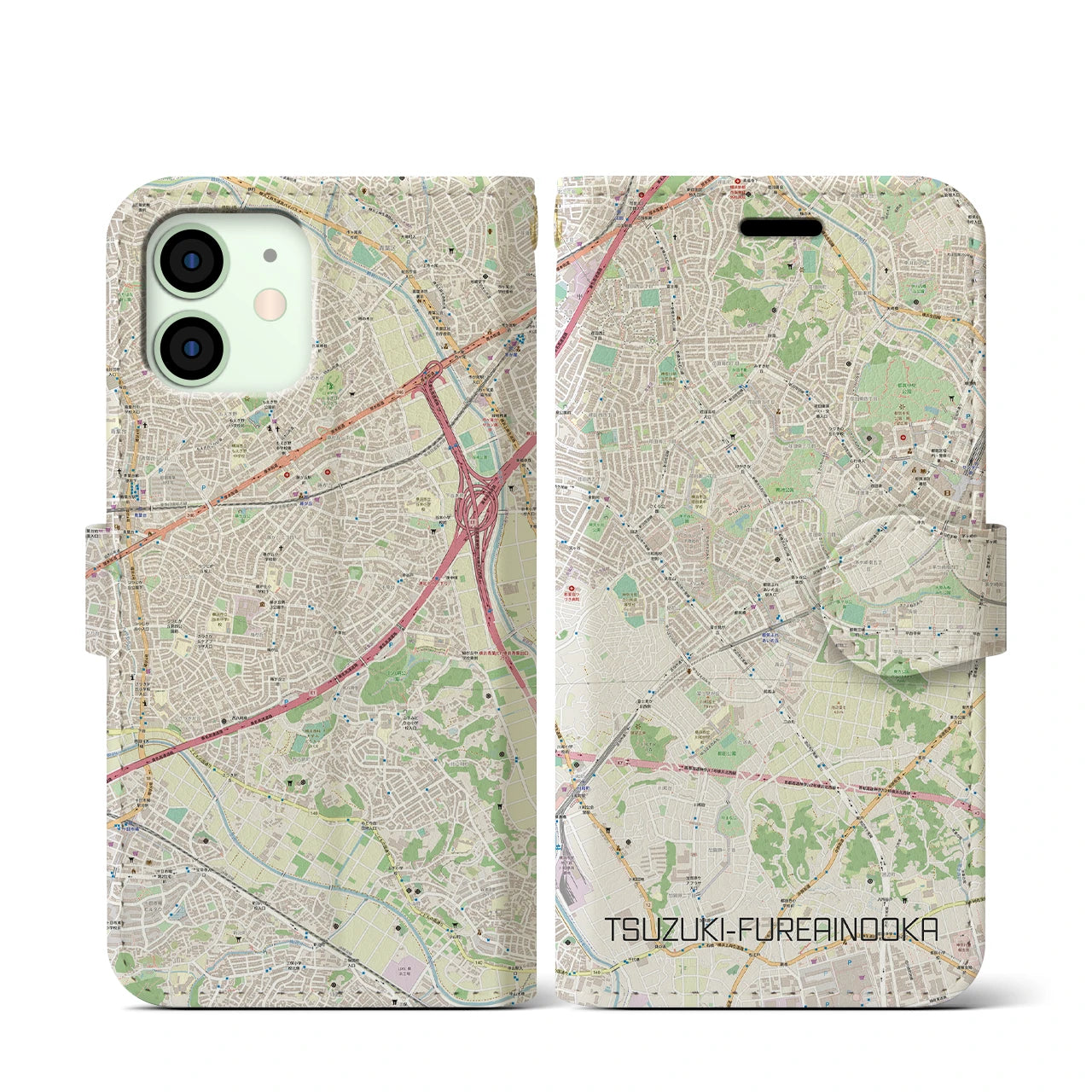 【都筑ふれあいの丘(神奈川県)】地図柄iPhoneケース(手帳タイプ)ナチュラル・iPhone 12 mini 用