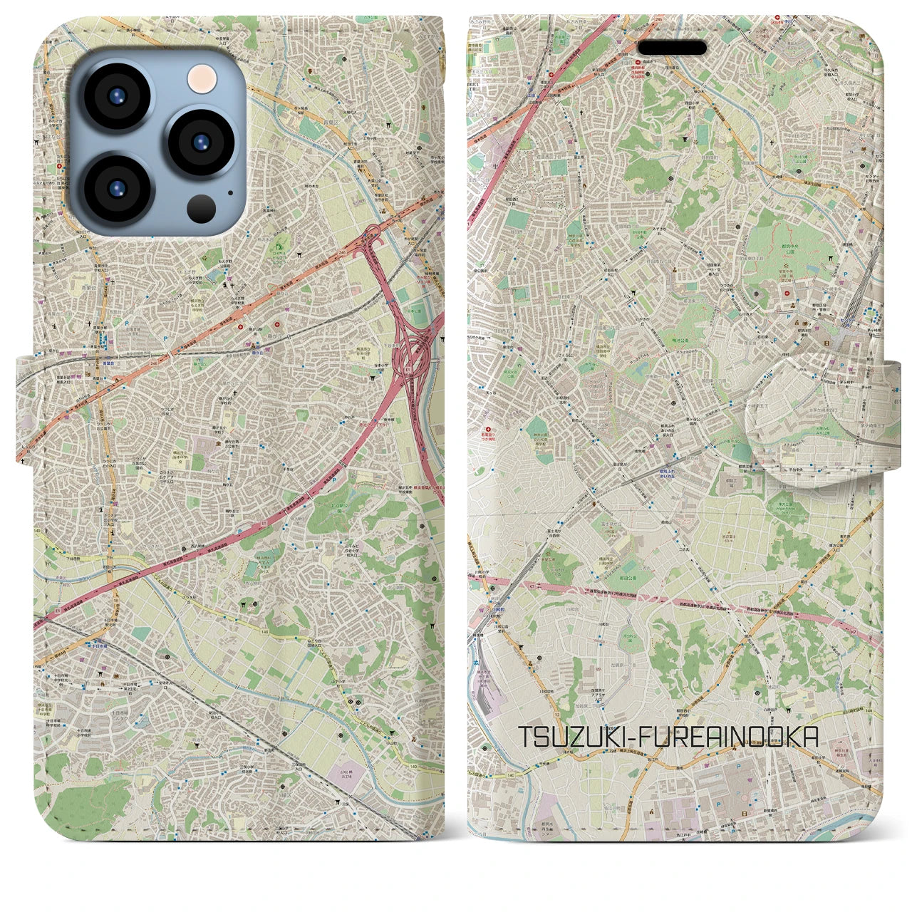 【都筑ふれあいの丘(神奈川県)】地図柄iPhoneケース(手帳タイプ)ナチュラル・iPhone 13 Pro Max 用