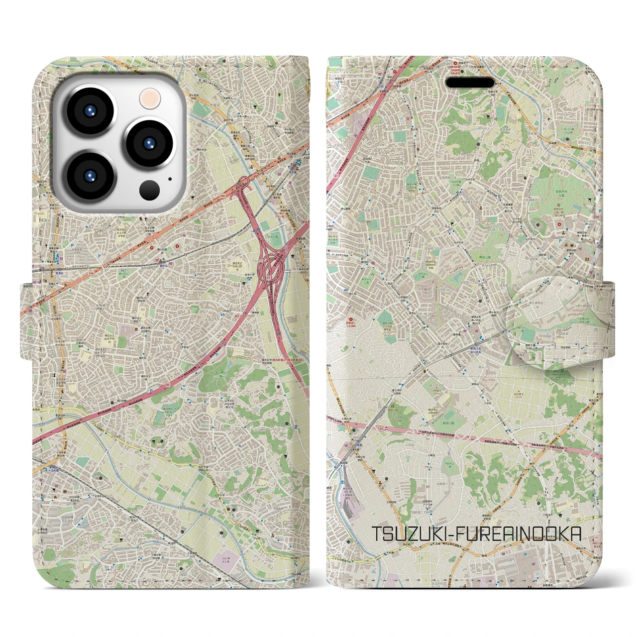 【都筑ふれあいの丘(神奈川県)】地図柄iPhoneケース(手帳タイプ)ナチュラル・iPhone 13 Pro 用