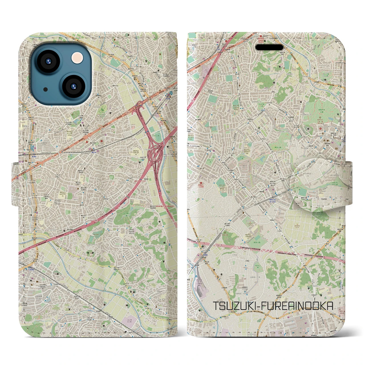 【都筑ふれあいの丘(神奈川県)】地図柄iPhoneケース(手帳タイプ)ナチュラル・iPhone 13 用