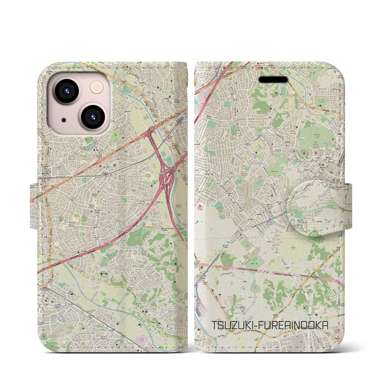 【都筑ふれあいの丘(神奈川県)】地図柄iPhoneケース(手帳タイプ)ナチュラル・iPhone 13 mini 用
