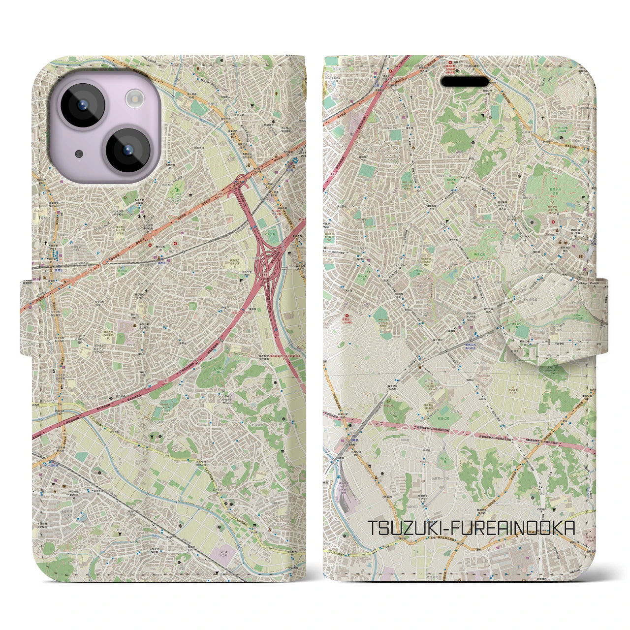 【都筑ふれあいの丘(神奈川県)】地図柄iPhoneケース(手帳タイプ)ナチュラル・iPhone 14 用