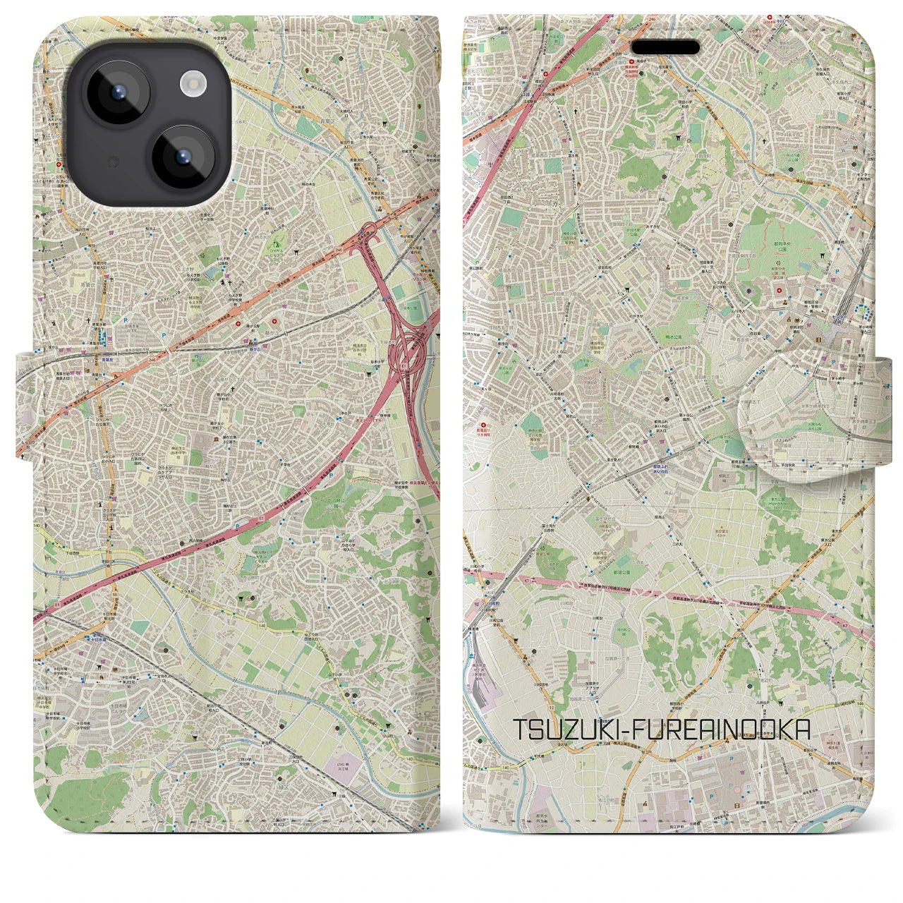 【都筑ふれあいの丘(神奈川県)】地図柄iPhoneケース(手帳タイプ)ナチュラル・iPhone 14 Plus 用