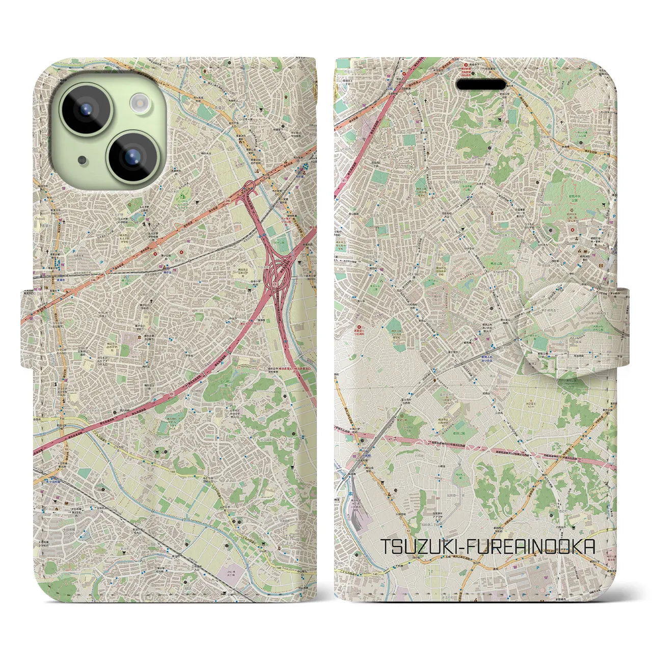 【都筑ふれあいの丘(神奈川県)】地図柄iPhoneケース(手帳タイプ)ナチュラル・iPhone 15 用