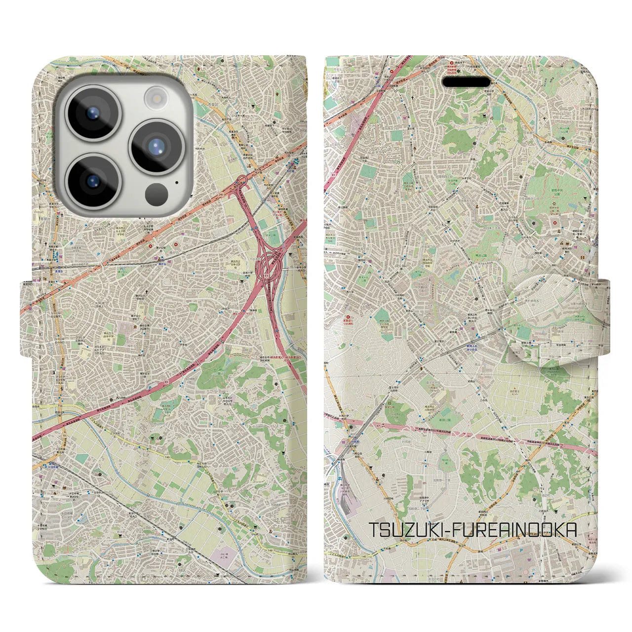 【都筑ふれあいの丘(神奈川県)】地図柄iPhoneケース(手帳タイプ)ナチュラル・iPhone 15 Pro 用