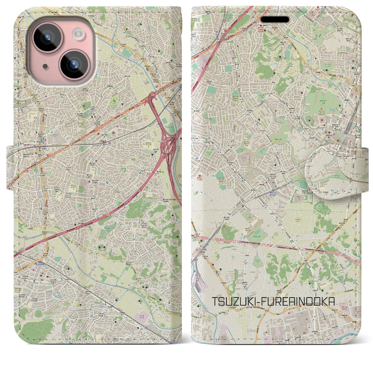 【都筑ふれあいの丘(神奈川県)】地図柄iPhoneケース(手帳タイプ)ナチュラル・iPhone 15 Plus 用