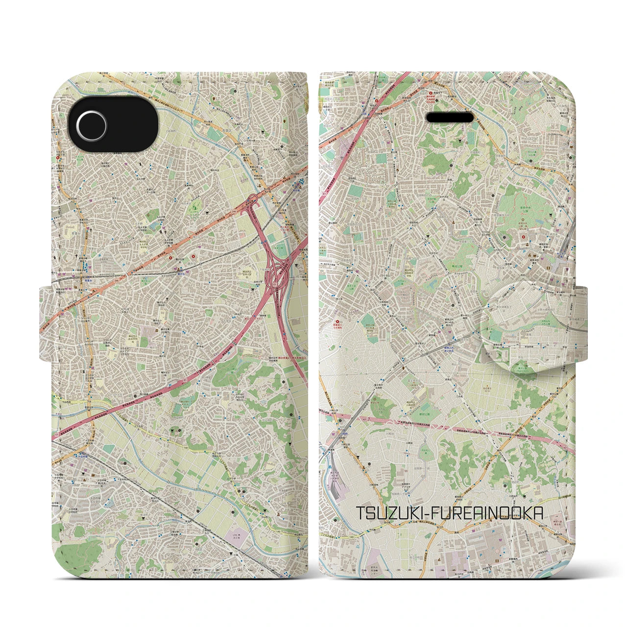 【都筑ふれあいの丘(神奈川県)】地図柄iPhoneケース(手帳タイプ)ナチュラル・iPhone SE(第3 / 第2世代) / 8 / 7 / 6s / 6 用