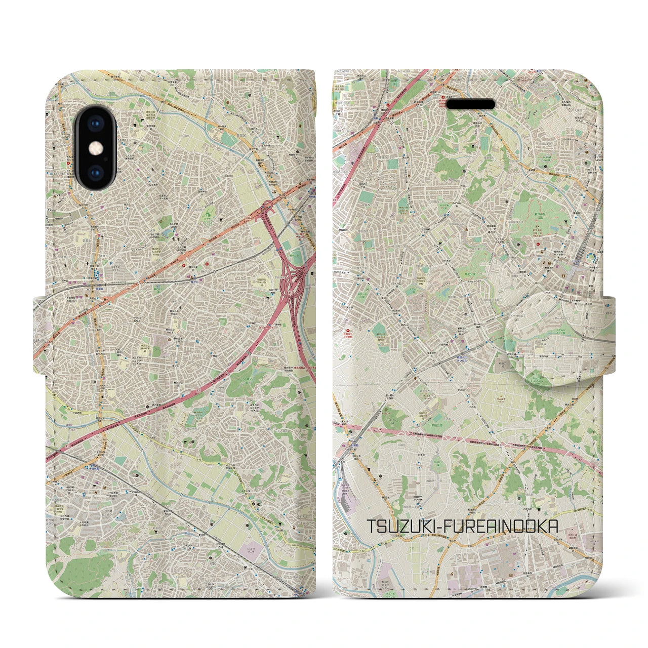 【都筑ふれあいの丘(神奈川県)】地図柄iPhoneケース(手帳タイプ)ナチュラル・iPhone XS / X 用