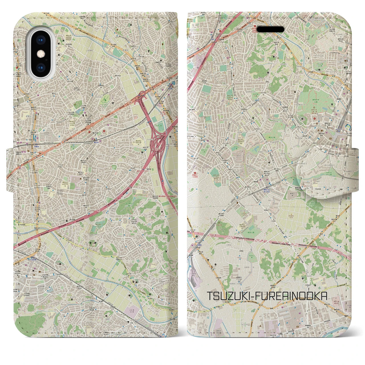【都筑ふれあいの丘(神奈川県)】地図柄iPhoneケース(手帳タイプ)ナチュラル・iPhone XS Max 用