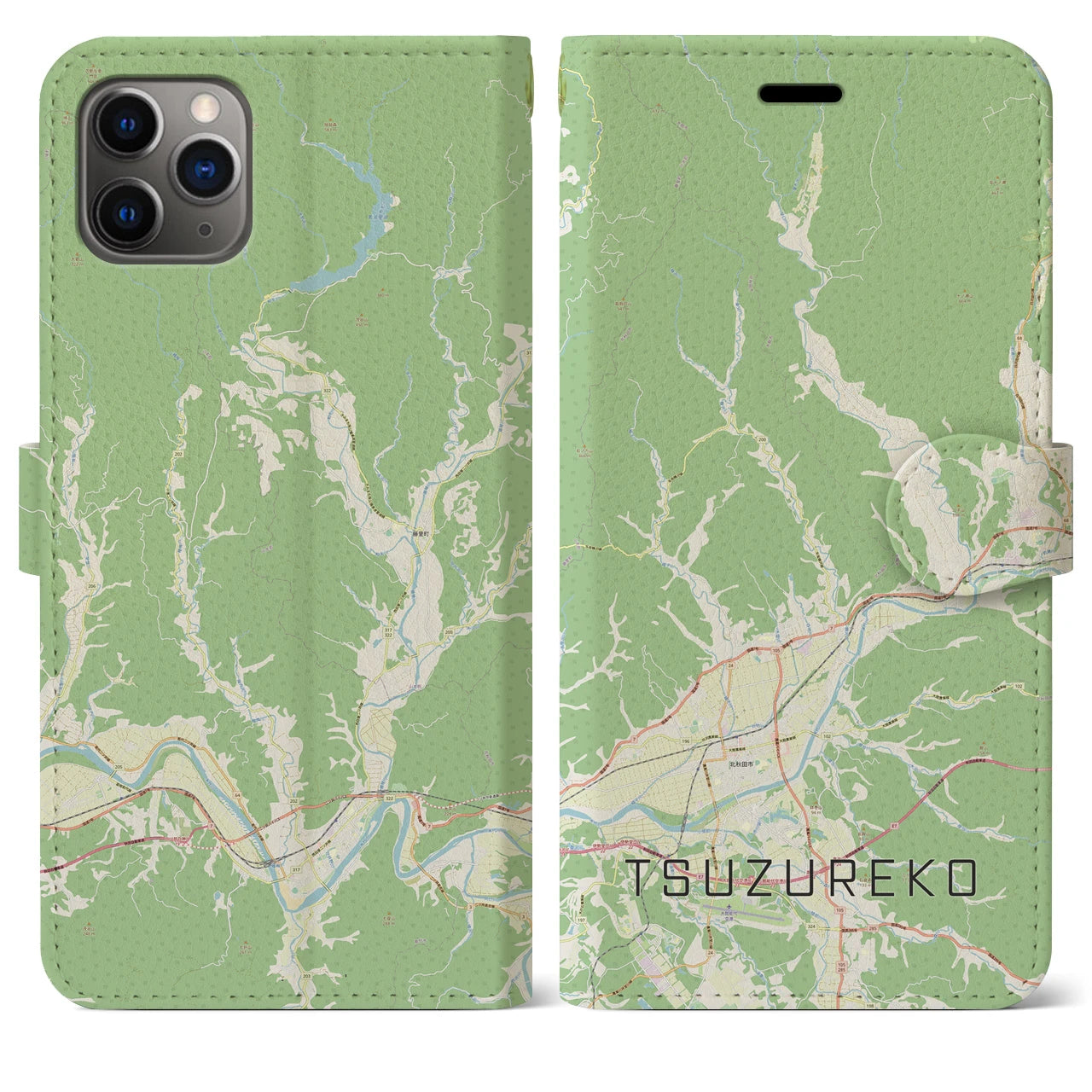 【綴子(秋田県)】地図柄iPhoneケース(手帳タイプ)ナチュラル・iPhone 11 Pro Max 用