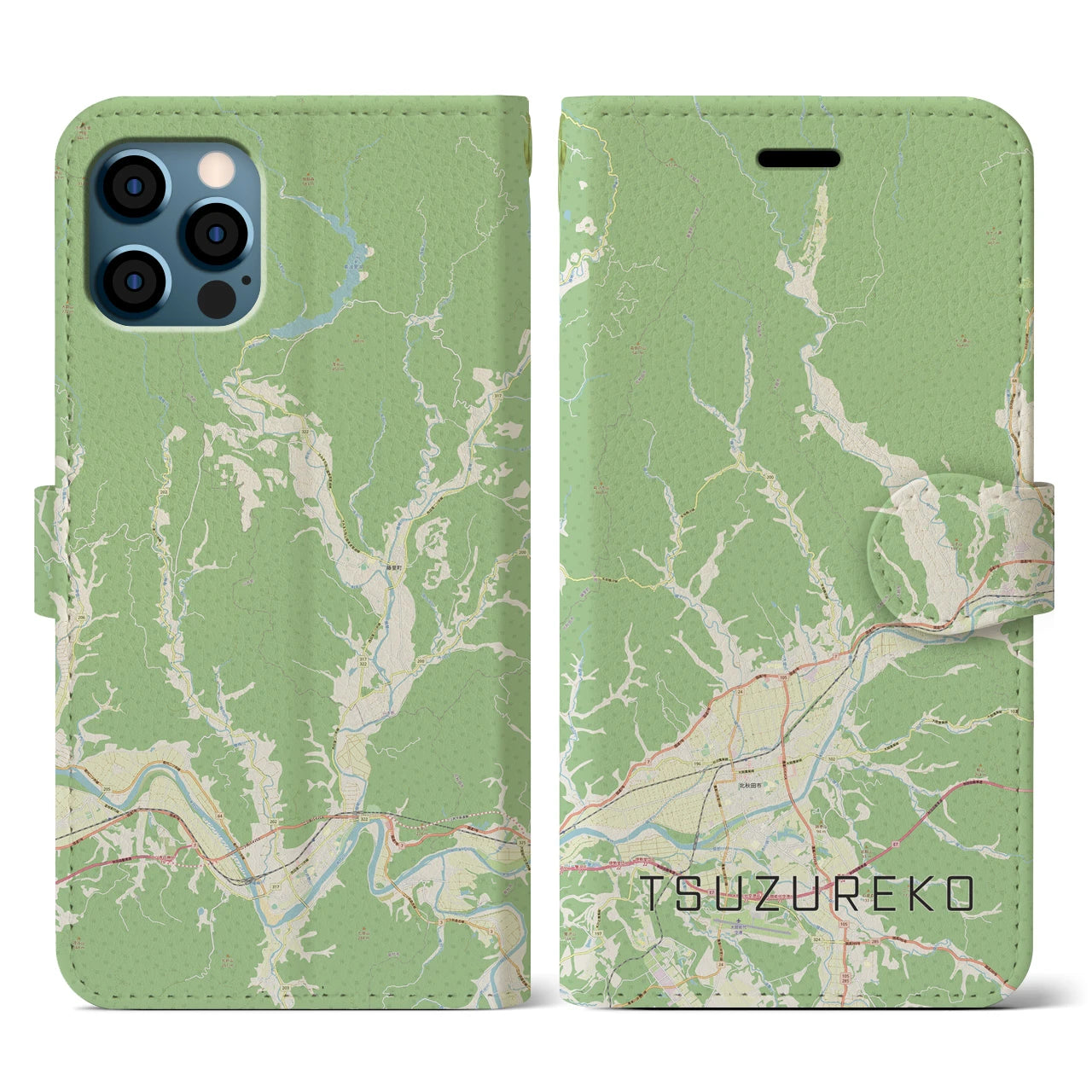 【綴子(秋田県)】地図柄iPhoneケース(手帳タイプ)ナチュラル・iPhone 12 / 12 Pro 用