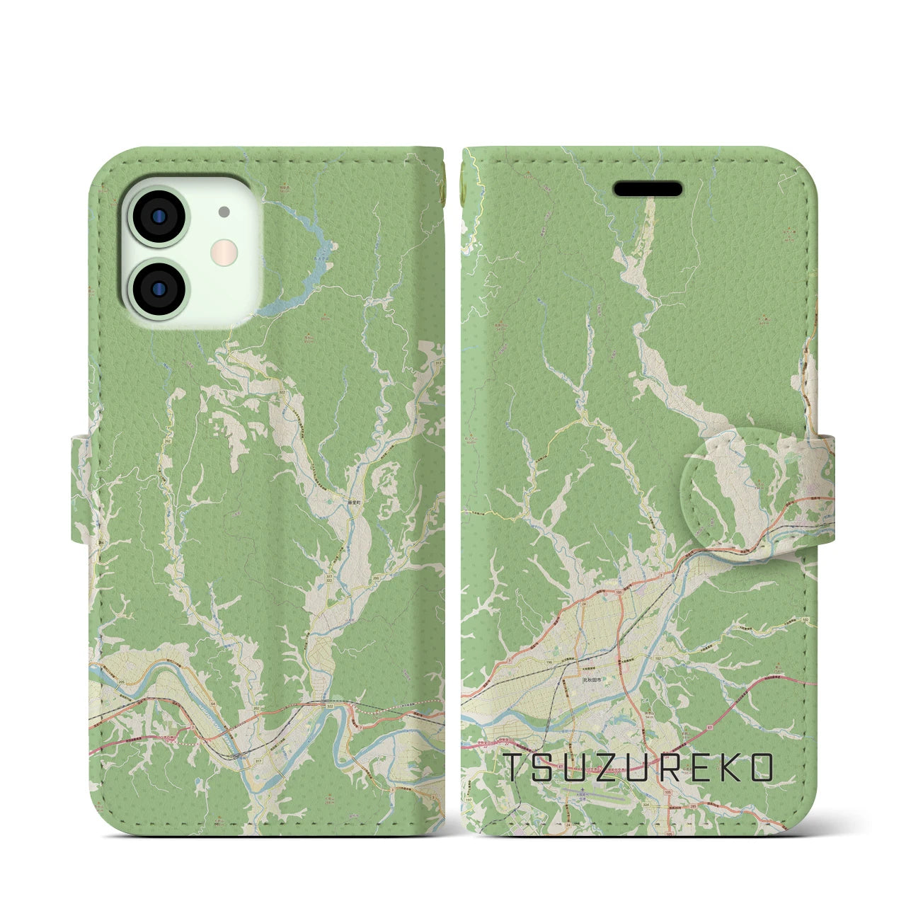 【綴子(秋田県)】地図柄iPhoneケース(手帳タイプ)ナチュラル・iPhone 12 mini 用