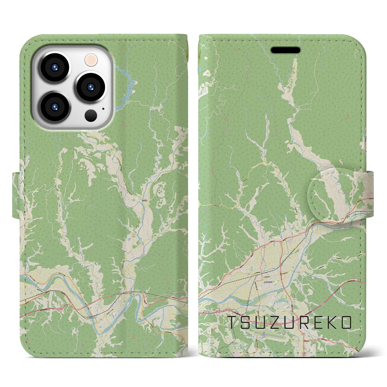 【綴子(秋田県)】地図柄iPhoneケース(手帳タイプ)ナチュラル・iPhone 13 Pro 用