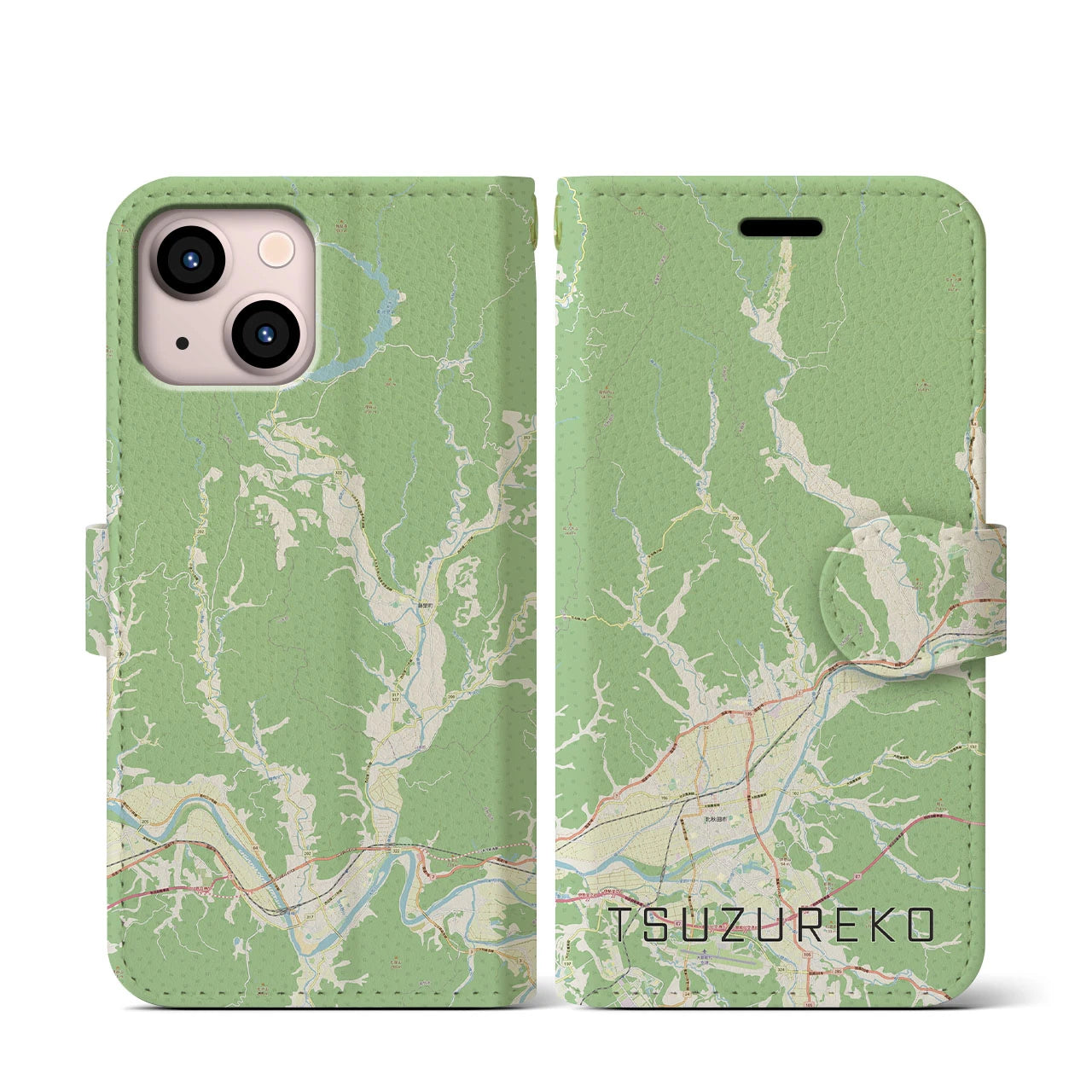 【綴子(秋田県)】地図柄iPhoneケース(手帳タイプ)ナチュラル・iPhone 13 mini 用
