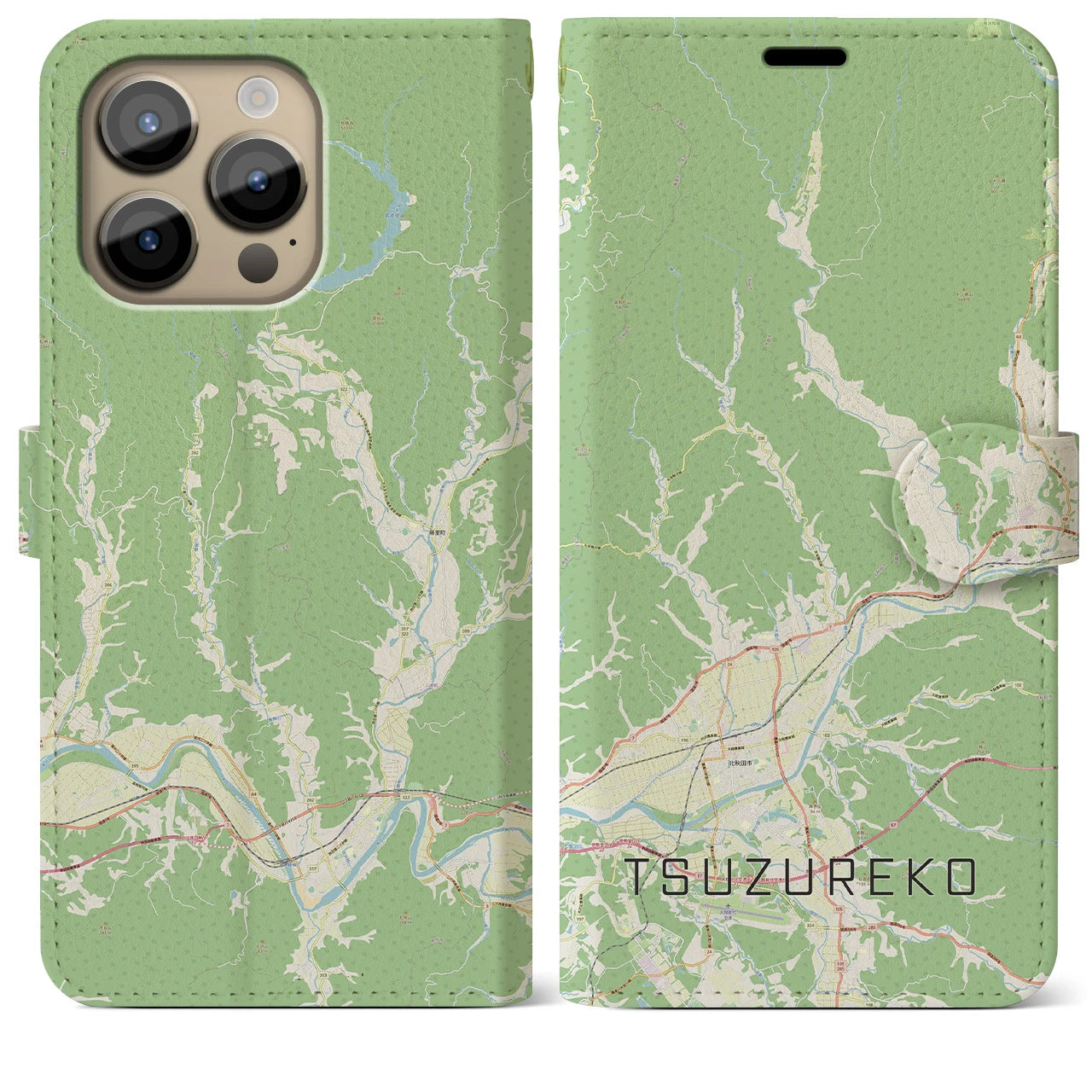 【綴子(秋田県)】地図柄iPhoneケース(手帳タイプ)ナチュラル・iPhone 14 Pro Max 用