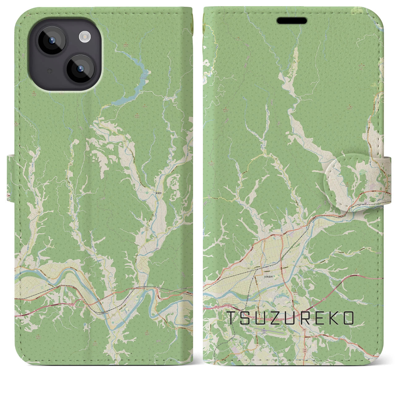 【綴子(秋田県)】地図柄iPhoneケース(手帳タイプ)ナチュラル・iPhone 14 Plus 用