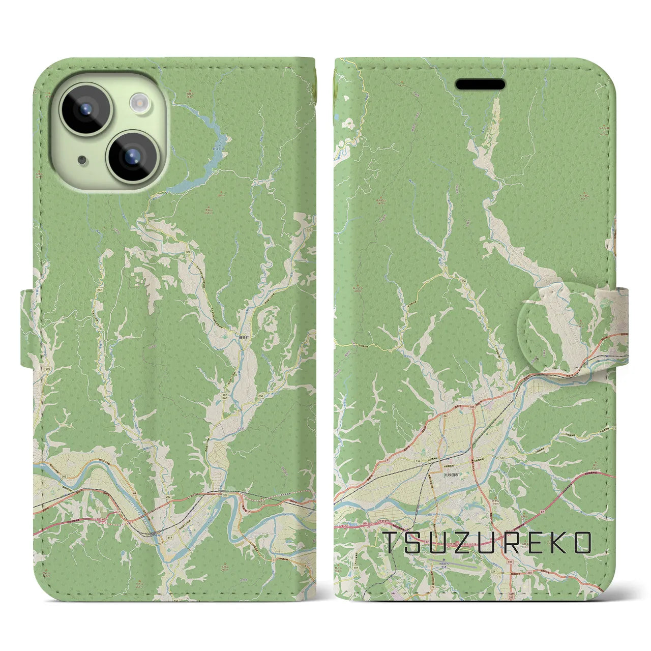 【綴子(秋田県)】地図柄iPhoneケース(手帳タイプ)ナチュラル・iPhone 15 用