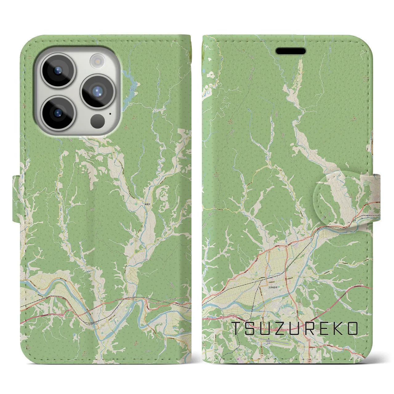 【綴子(秋田県)】地図柄iPhoneケース(手帳タイプ)ナチュラル・iPhone 15 Pro 用