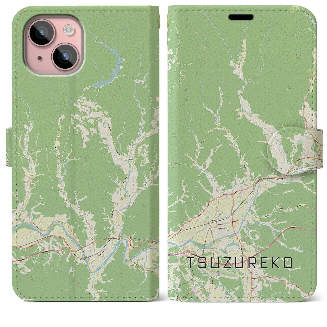 【綴子(秋田県)】地図柄iPhoneケース(手帳タイプ)ナチュラル・iPhone 15 Plus 用