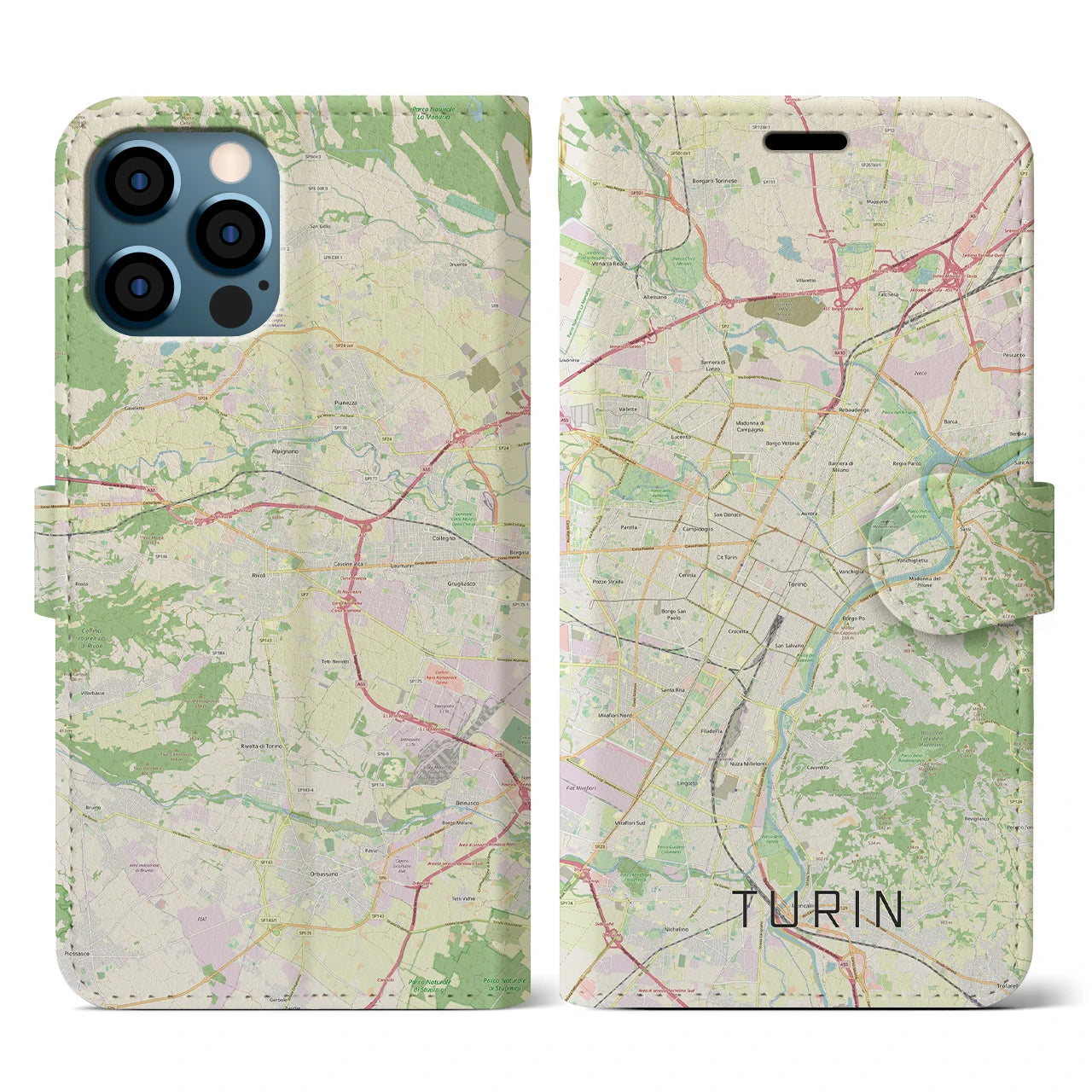 【トリノ(イタリア)】地図柄iPhoneケース(手帳タイプ)ナチュラル・iPhone 12 / 12 Pro 用