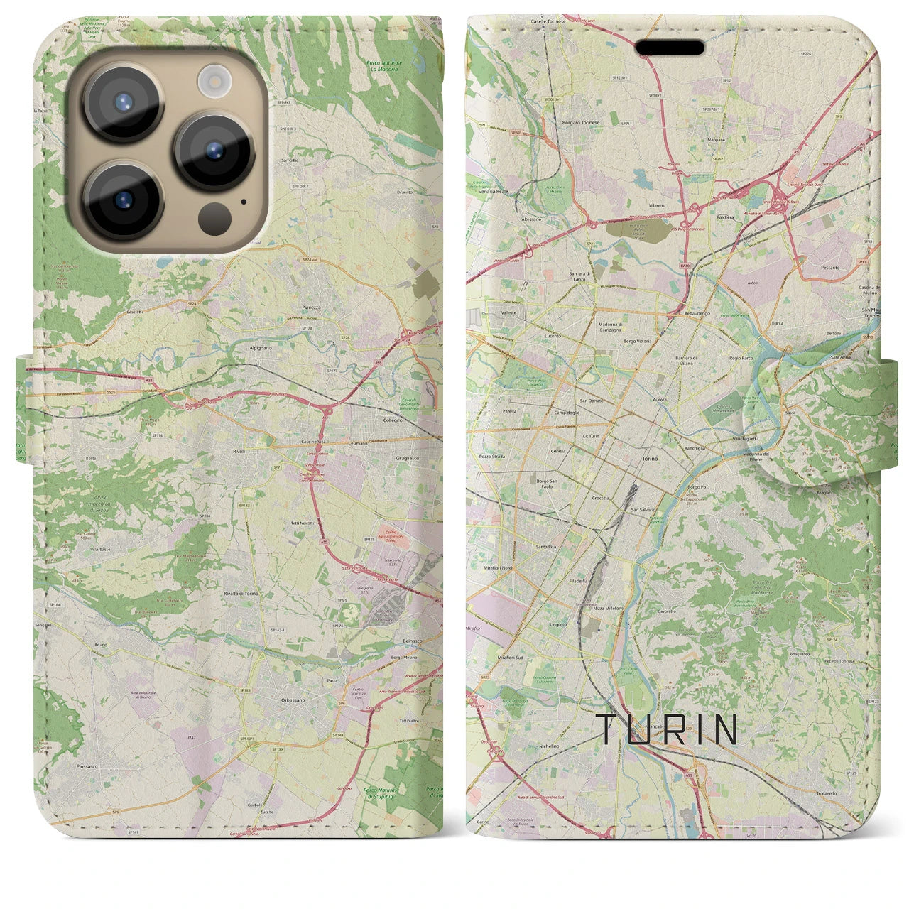 【トリノ(イタリア)】地図柄iPhoneケース(手帳タイプ)ナチュラル・iPhone 14 Pro Max 用