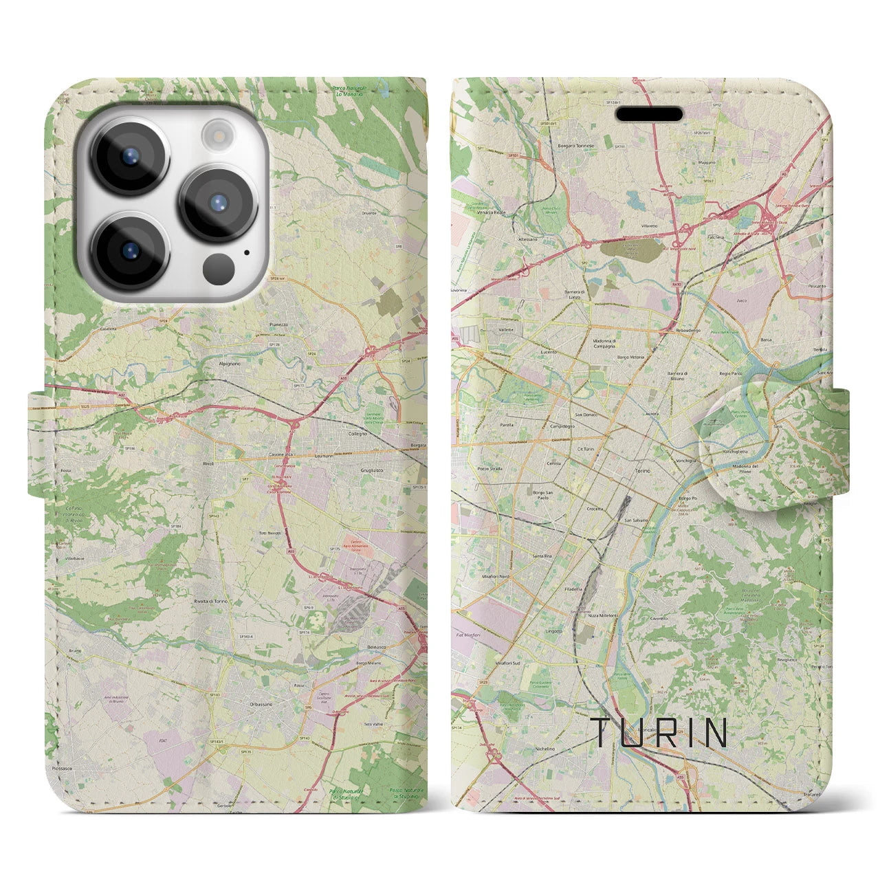 【トリノ(イタリア)】地図柄iPhoneケース(手帳タイプ)ナチュラル・iPhone 14 Pro 用