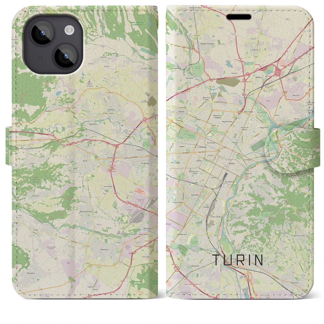 【トリノ(イタリア)】地図柄iPhoneケース(手帳タイプ)ナチュラル・iPhone 14 Plus 用