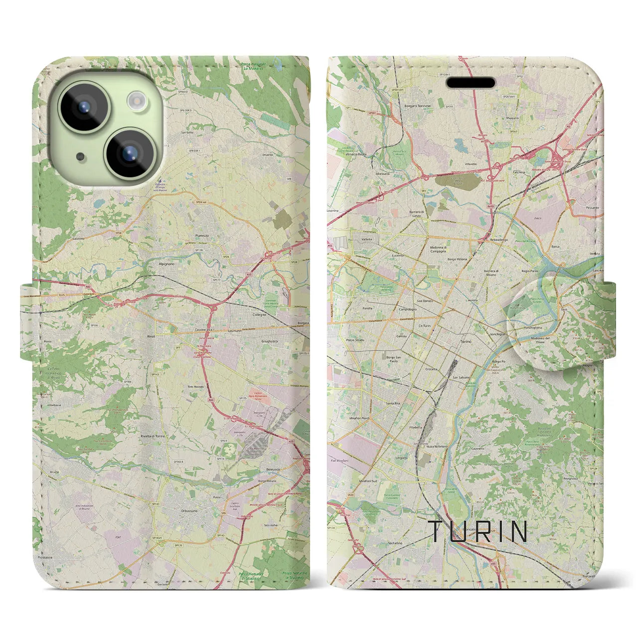 【トリノ(イタリア)】地図柄iPhoneケース(手帳タイプ)ナチュラル・iPhone 15 用