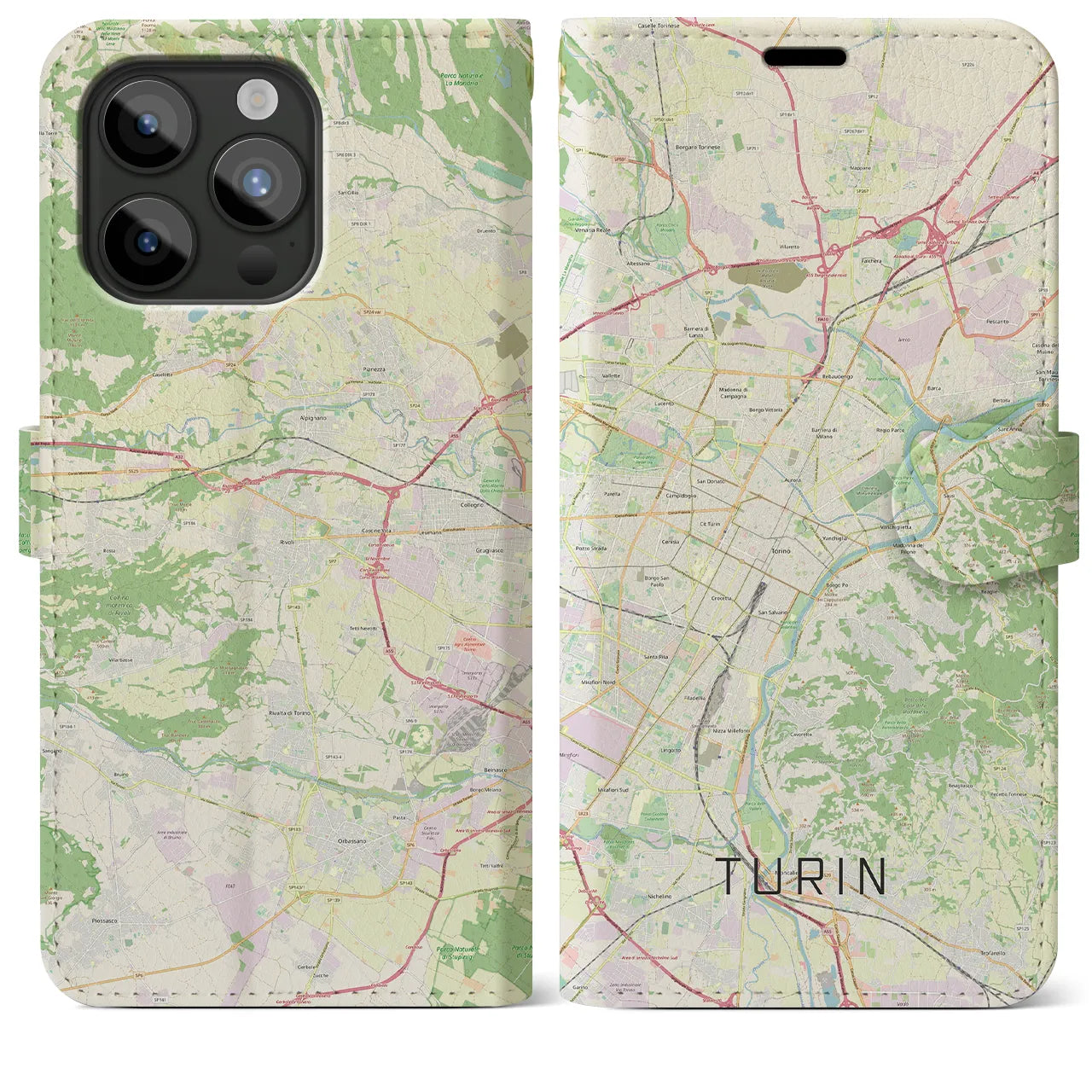 【トリノ(イタリア)】地図柄iPhoneケース(手帳タイプ)ナチュラル・iPhone 15 Pro Max 用