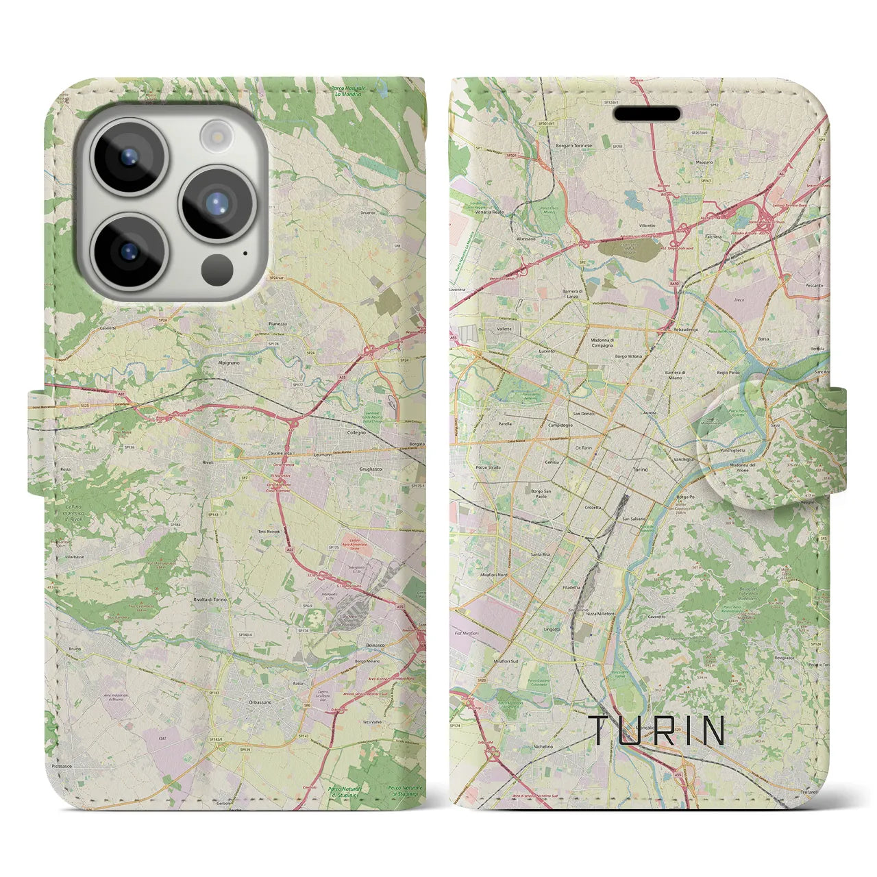【トリノ(イタリア)】地図柄iPhoneケース(手帳タイプ)ナチュラル・iPhone 15 Pro 用