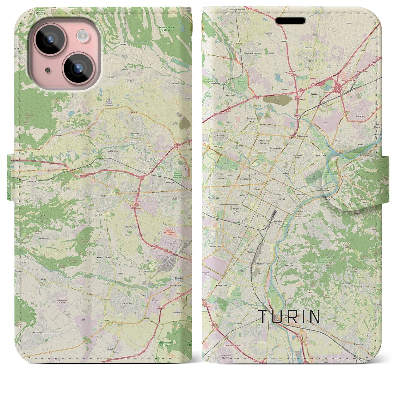 【トリノ(イタリア)】地図柄iPhoneケース(手帳タイプ)ナチュラル・iPhone 15 Plus 用